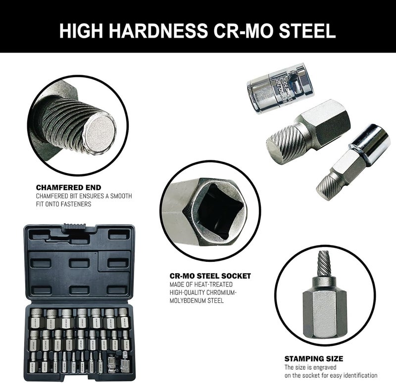 NORTOOLS 26PCS CR-MO Screw Extractor Set,Hex-Head Multi-Spline Screw Easy-out Screw Extraction Set 3/8" Inch Drive Hex-Head, Broken Bolt Remover, Stripped Fastener Tool for Stripped, Rounded, Damaged - Image 3